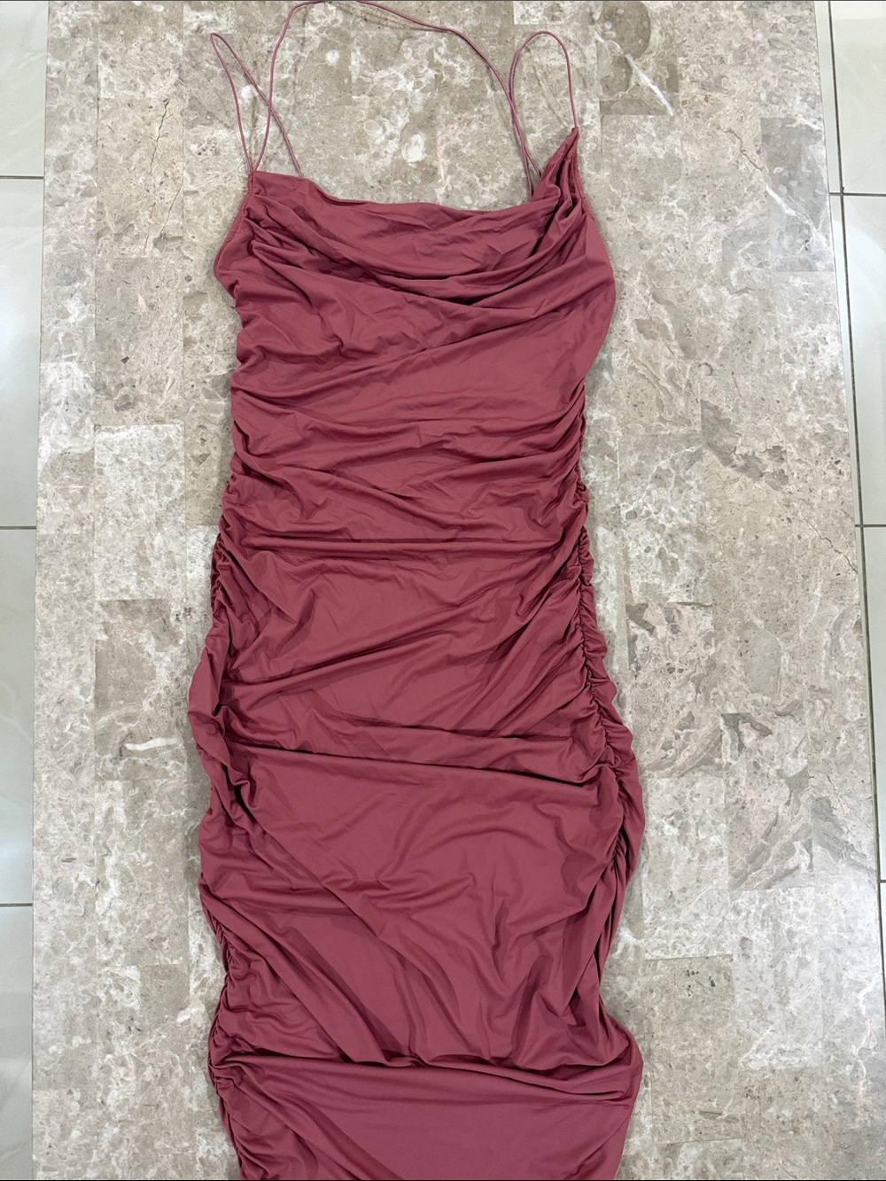SHEIN Ruched Spaghetti-Strap Midi Dress in Dusty Rose